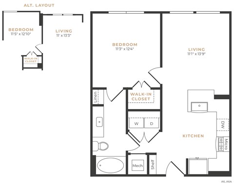 Floor plan for 1 bed, 1 bath, 672 sqft